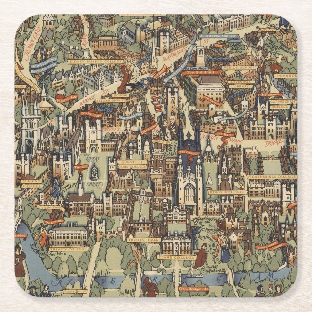 Pictorial Map of Cambridge, England Square Paper Coaster (Front)
