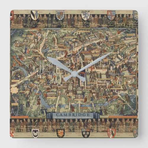 Pictorial Map of Cambridge England Square Wall Clock