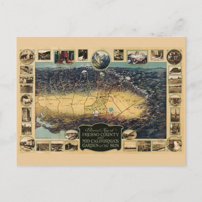 Pictorial map of Fresno County, California (1923) Postcard (Front)