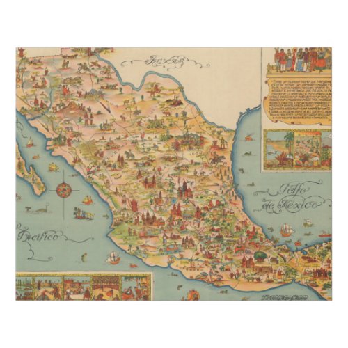 Pictorial Map of Mexico Faux Canvas Print