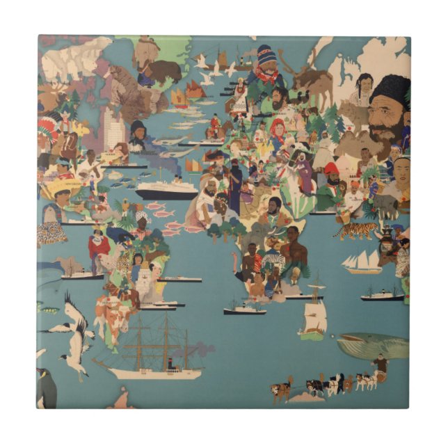 Pictorial Map of the World Ceramic Tile (Front)