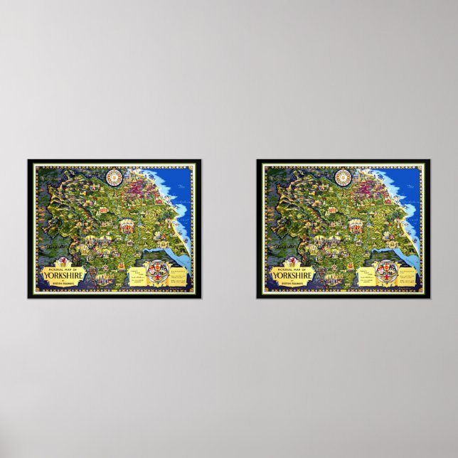 Pictorial Map of Yorkshire Travel Poster Wall Art Sets (Front)