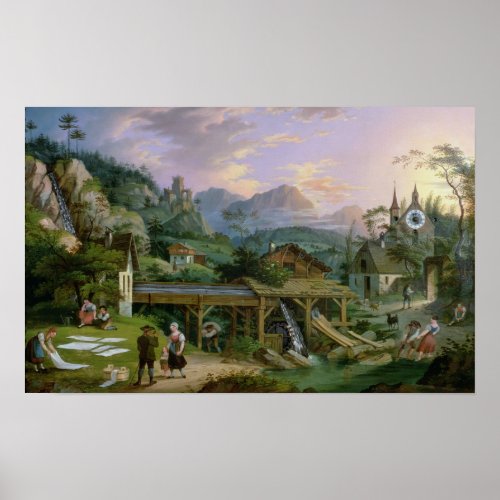 Picture Clock with scene of an Alpine village Poster