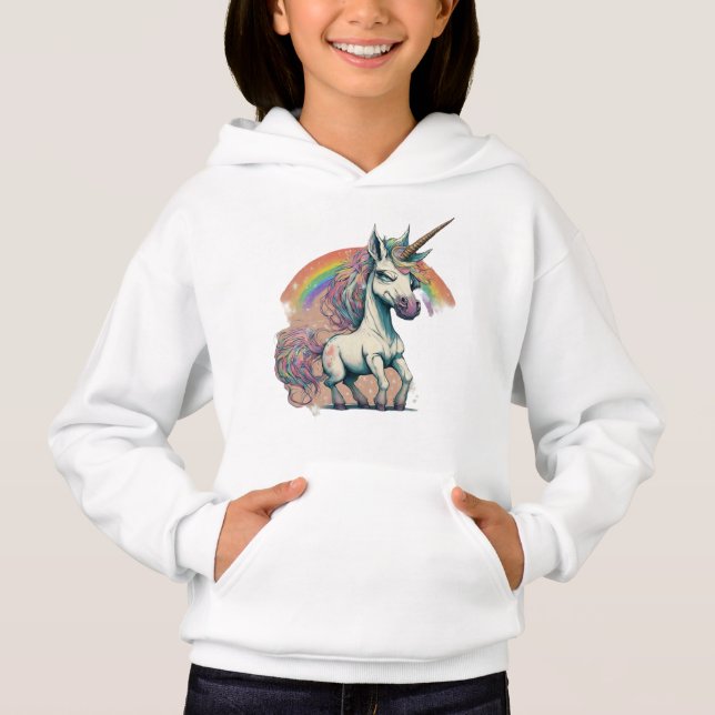 picture of a unicorn jumping over a rainbow hoodie (Front)