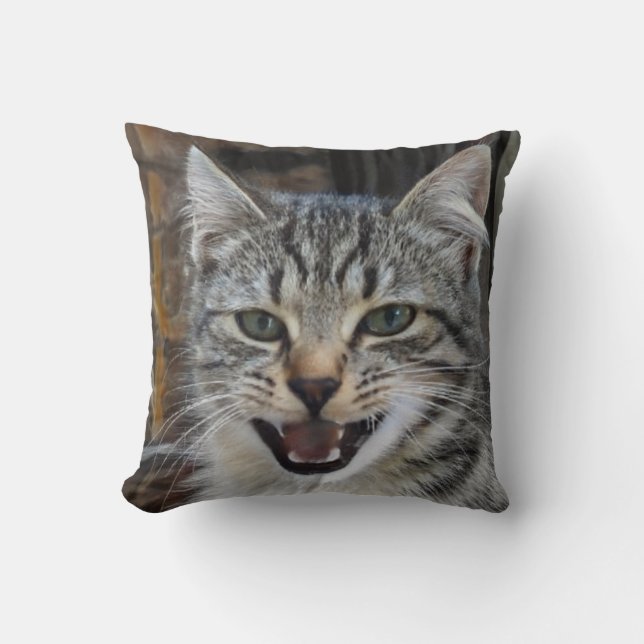 Picture of a wild, excited kitten, cat lovers throw pillow (Front)