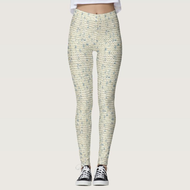 Picture of Cream and Blue Hand Knit Garter Stitch Leggings (Front)