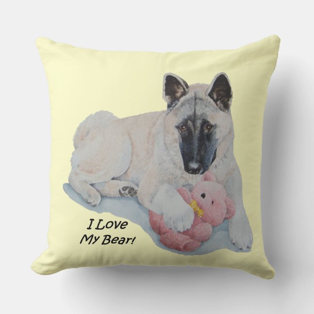 picture of cute akita cuddling teddy bear throw pillow (Front)