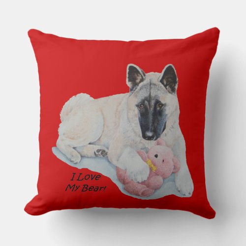 picture of cute akita cuddling teddy bear throw pillow