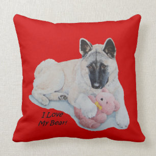 picture of cute akita cuddling teddy bear throw pillow