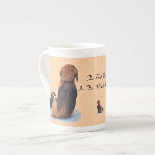 picture of cute beagle puppy cuddling mom dog bone china mug