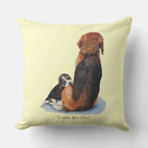 picture of cute beagle puppy cuddling mom dog throw pillow