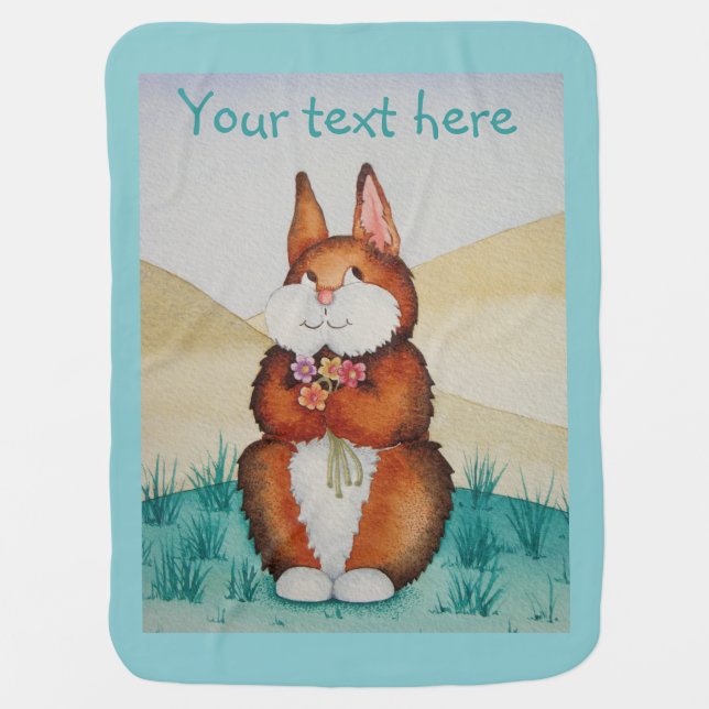 picture of cute brown Bunny rabbit blue Swaddle Blanket (Front)