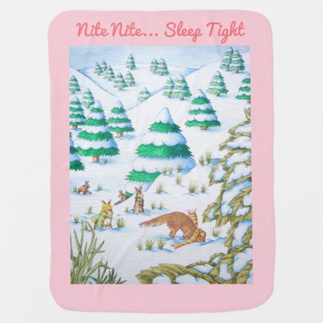picture of cute bunny rabbits fox snow scene baby blanket (Front)