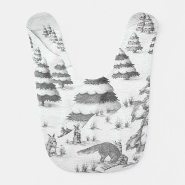 picture of cute bunny rabbits fox snow scene bib (Front)