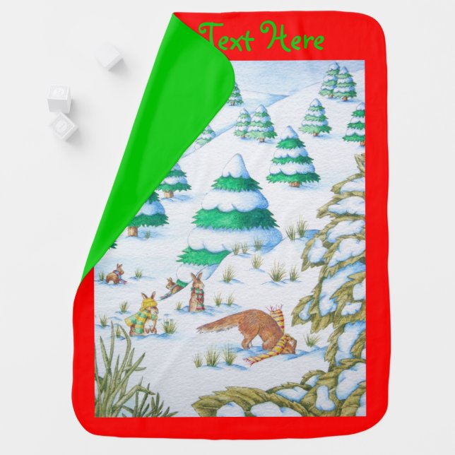 picture of cute bunny rabbits fox snow scene stroller blanket (In Situ)