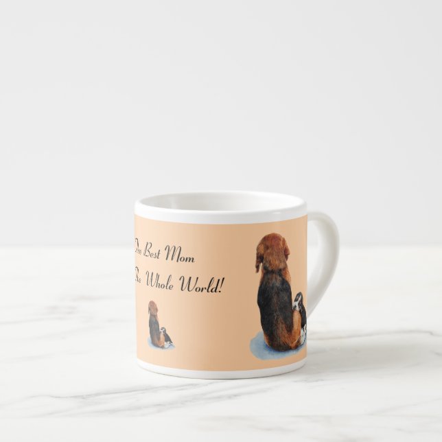 picture of cute puppy beagle cuddling mom dog espresso cup (Front Right)