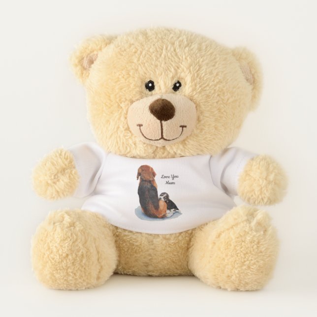 picture of cute puppy beagle cuddling mommy teddy bear (Front)