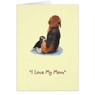 picture of cute puppy beagle dog cuddling mom cards