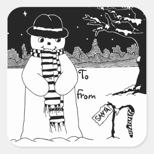 picture of cute snow man in black and white square sticker