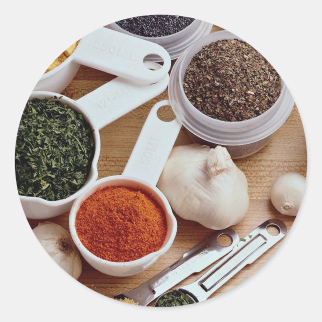 Picture of Fresh spices with garlic cloves Classic Round Sticker (Front)