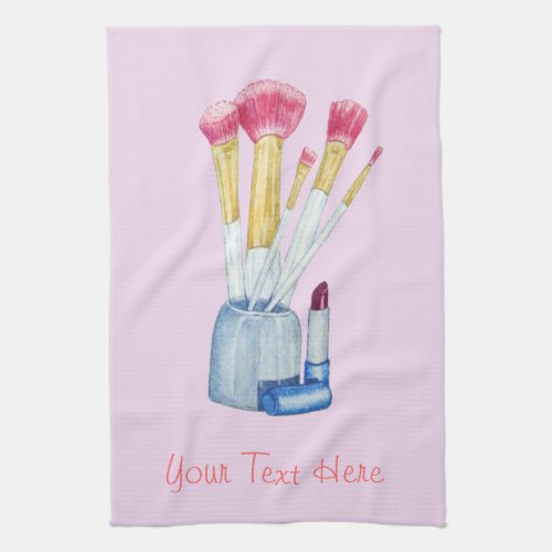 picture of pink make up brushes in holder kitchen towel