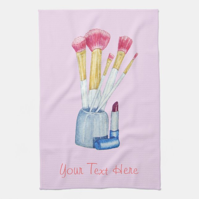 picture of pink make up brushes in holder kitchen towel (Vertical)