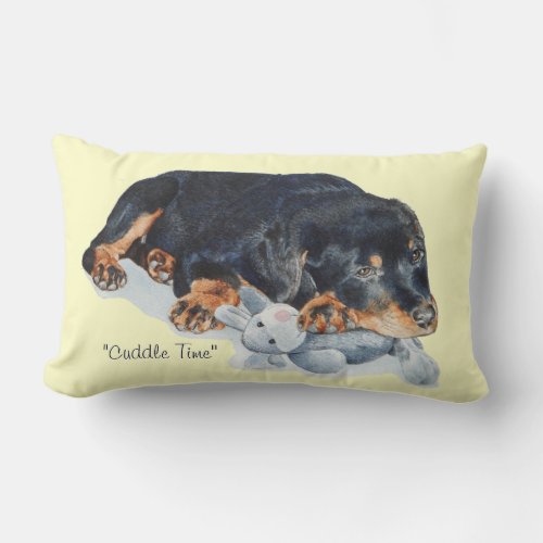 picture of rotty puppy cuddling teddy rottweiler lumbar pillow