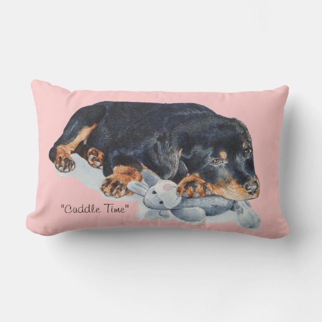 picture of rotty puppy cuddling teddy rottweiler lumbar pillow (Front)