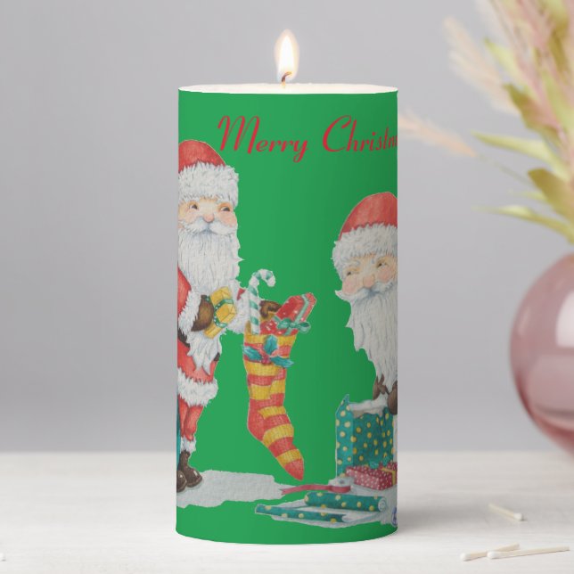 picture of santa getting ready for christmas pillar candle (In Situ)