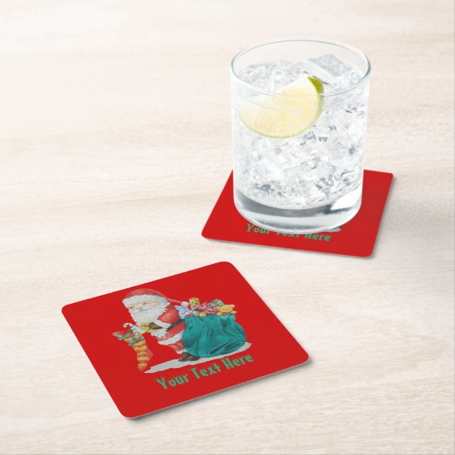 picture of santa sorting pressies for christmas square paper coaster (Insitu)
