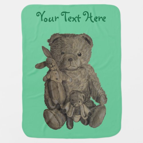 picture of three old vintage teddies green stroller blanket