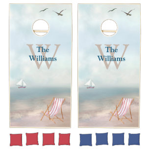 Picture Perfect Beach Ocean Sand Monogram Name  Cornhole Set