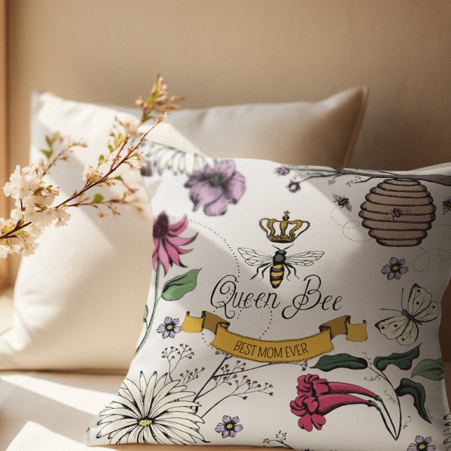 Picture with Best Mom Ever Queen Bee & Crown  Throw Pillow (Royal Queen Bee Drawing with Personalized Message in Scroll on the Front. Photo & Message on Back. )