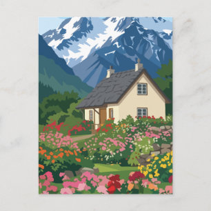 Picturesque Alpine Cabin with Vibrant Flower Garde Postcard