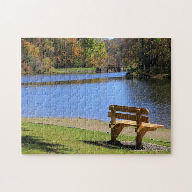 Picturesque Colorful Fall Twin Lakes Park Bench Jigsaw Puzzle (Horizontal)