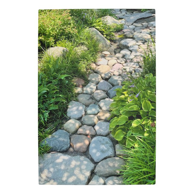 Picturesque forest photo dappled stone pathway metal print (Front)