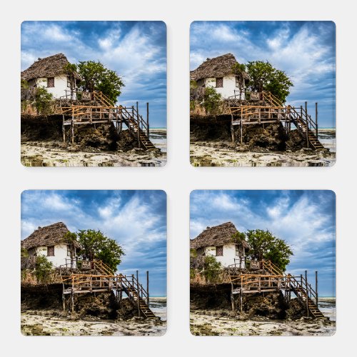 Picturesque house on a tropical coral outcrop coaster set