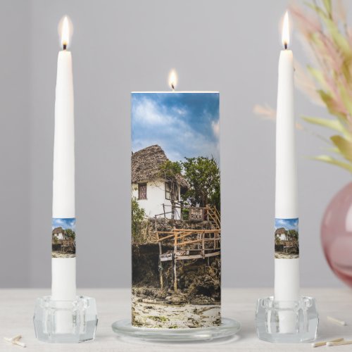 Picturesque house on a tropical coral outcrop unity candle set