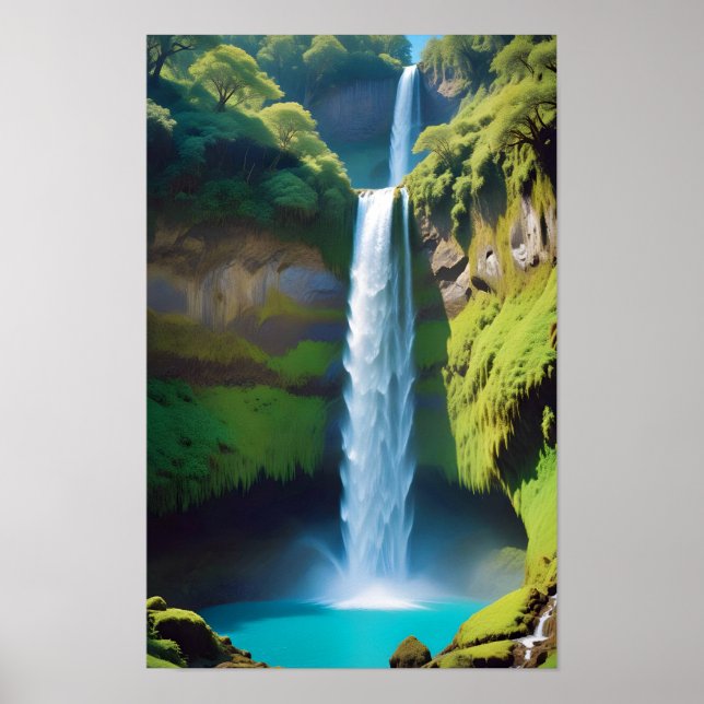 Picturesque Landscape Mountains Waterfall Nature Poster (Front)