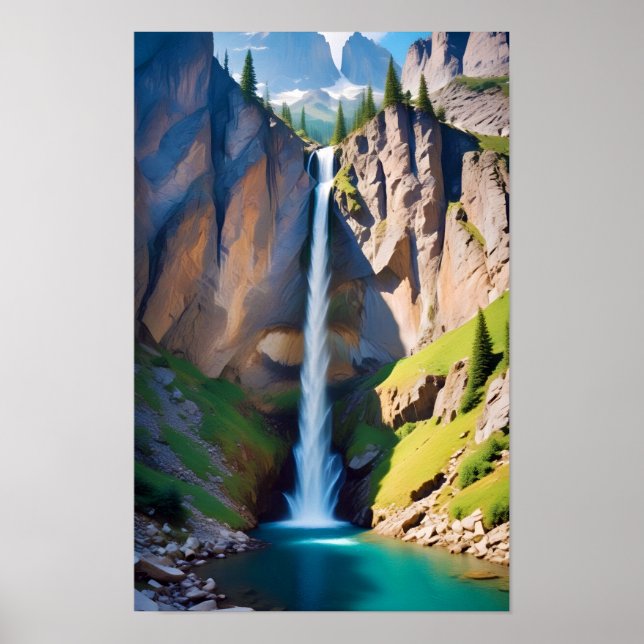 Picturesque Landscape Mountains Waterfall Nature Poster (Front)
