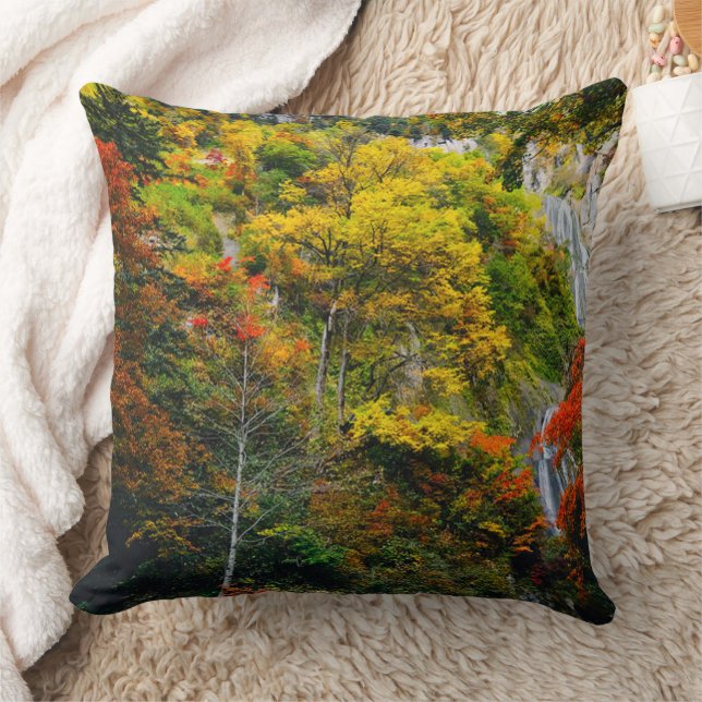 Picturesque View of Fall Hagoromo Falls Hokkaido   Throw Pillow (Blanket)