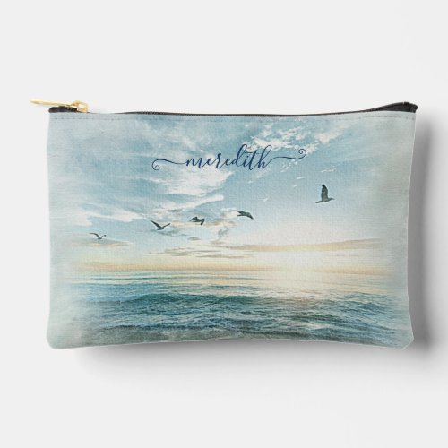 Picturesque Watercolor Beach Scene Name Accessory Pouch