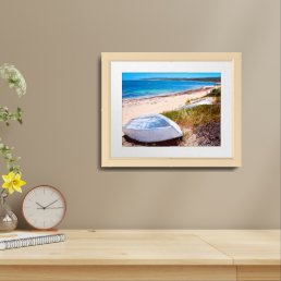 Picturesque White Boat on Beach Blue Sea Photo Framed Art