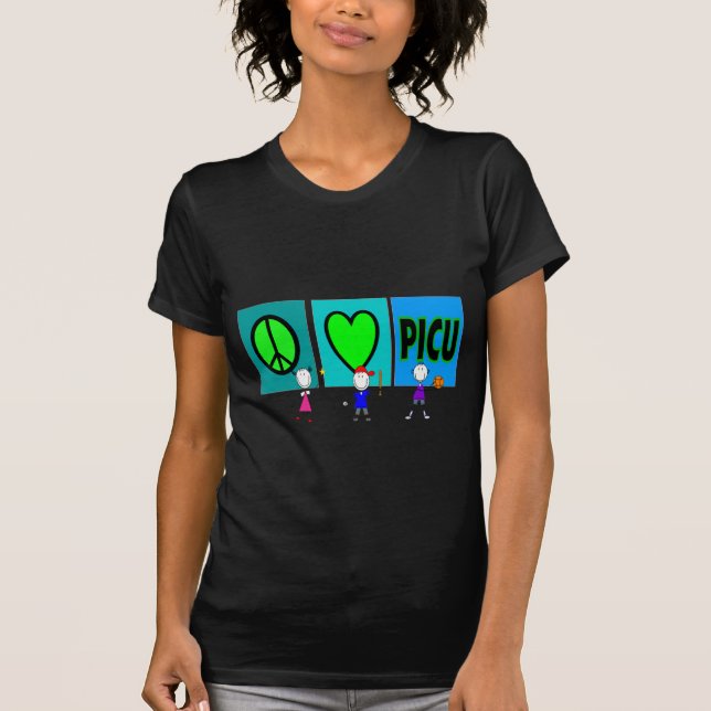 PICU Nurse Gifts "Peace Love PICU" T-Shirt (Front)