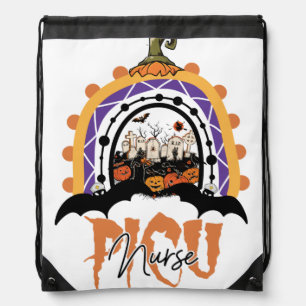 PICU Nurse Halloween Pumpkin Rainbow Pediatric Drawstring Bag