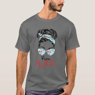 PICU Nurse Messy Bun Love Heart Stethoscope RN Nur T-Shirt
