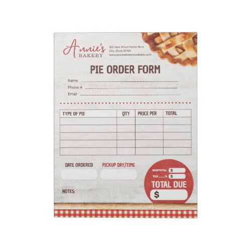 Pie for Bakery Custom Order Form Notepad