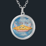 Pie in the Sky Retro Winged Cutie Silver Plated Necklace<br><div class="desc">This cute necklace design shows a pie in the sky on a blue cloudy sky background with a grunge effect added to make it look antique, alongside the words "Cutie Pie" in a retro style. The pie has a smiling face and light pink wings. It's made up of elements from...</div>