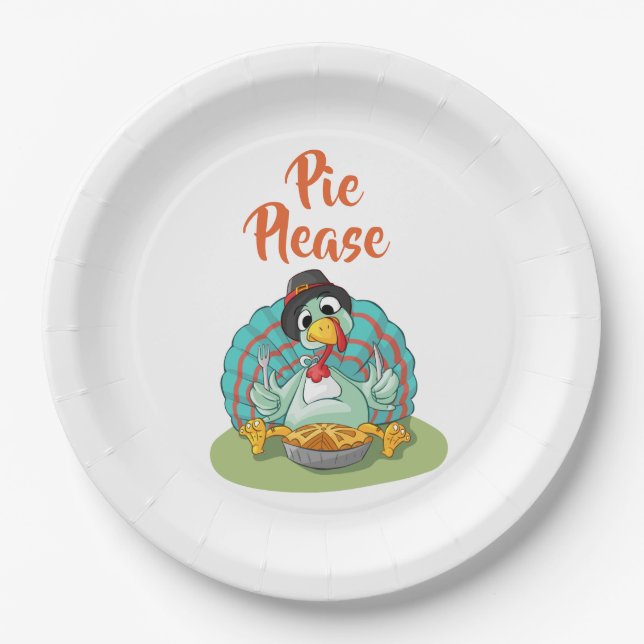 Pie Please | Funny Turkey | Thanksgiving Holiday Paper Plates (Front)