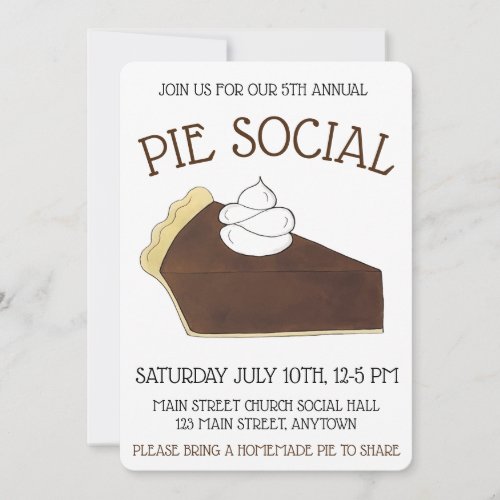 Pie Social Party Dessert Bake Sale Chocolate Slice Invitation